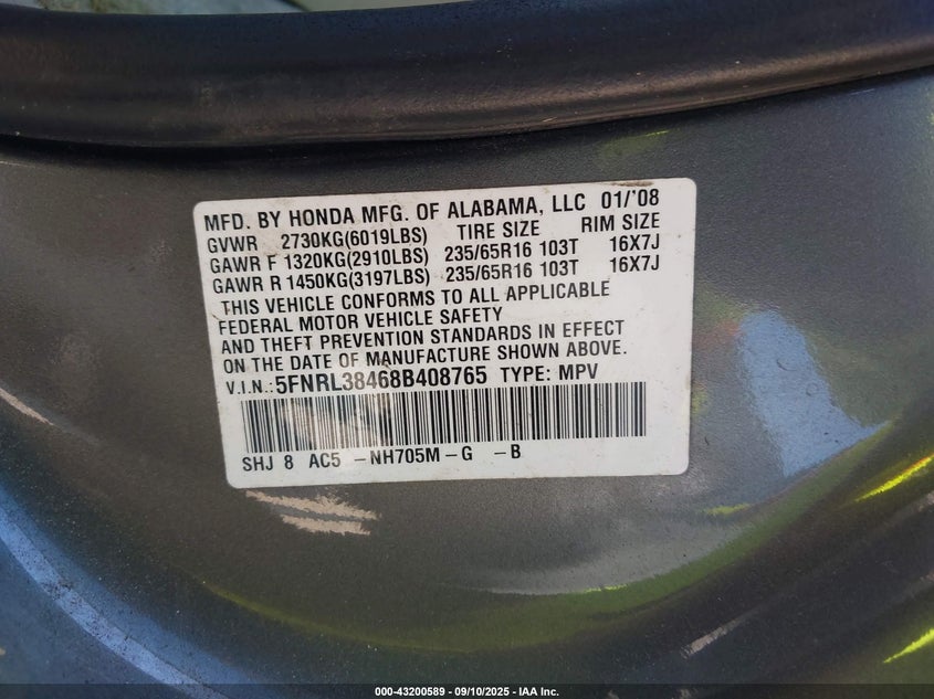 2008 Honda Odyssey Ex VIN: 5FNRL38468BU08765 Lot: 43200589