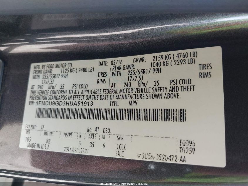 2017 Ford Escape Se VIN: 1FMCU9GD3HUA51913 Lot: 43200596