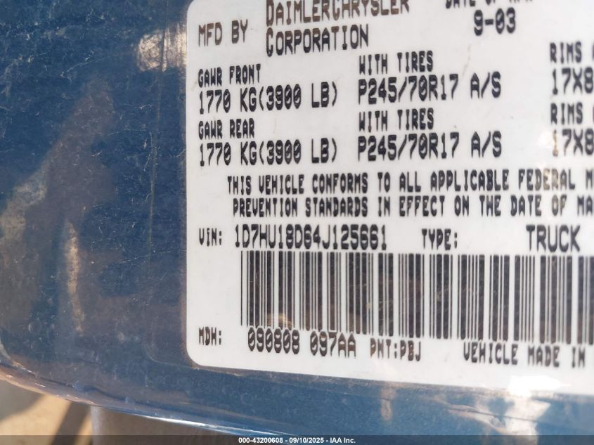 2004 Dodge Ram 1500 St VIN: 1D7HU18D64J125661 Lot: 43200608