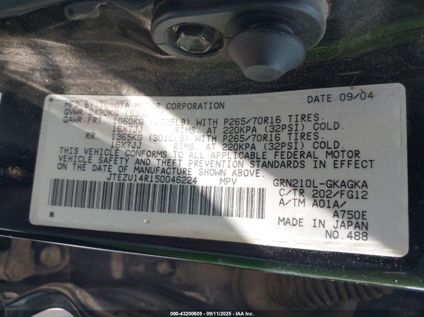 2005 Toyota 4Runner Sr5 V6 VIN: JTEZU14R150046224 Lot: 43200609