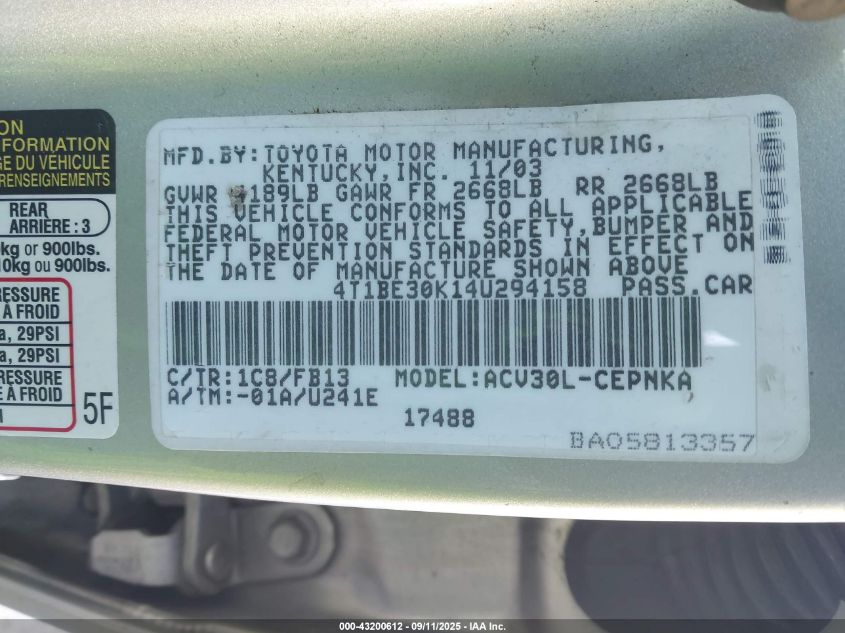 2004 Toyota Camry Le VIN: 4T1BE30K14U294158 Lot: 43200612