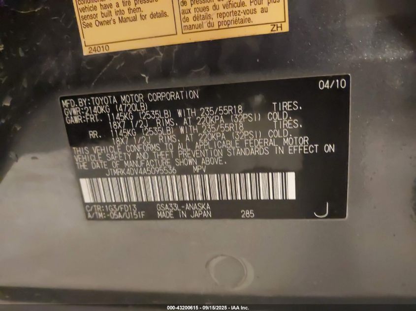 2010 Toyota Rav4 Sport V6 VIN: JTMRK4DV4A5095536 Lot: 43200615