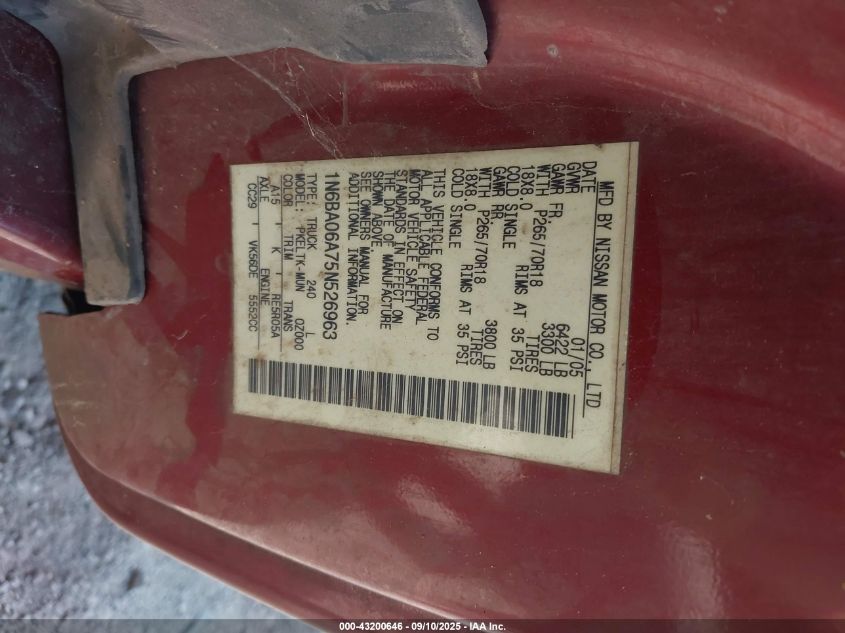 2005 Nissan Titan Se VIN: 1N6BA06A75N526963 Lot: 43200646