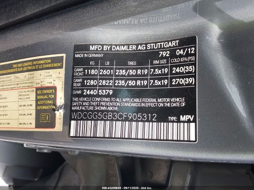 2012 Mercedes-Benz Glk 350 VIN: WDCGG5GB3CF905312 Lot: 43200649