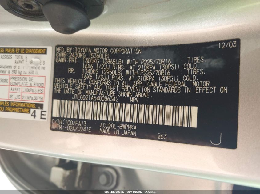 2004 Toyota Highlander VIN: JTEGD21A640086342 Lot: 43200675