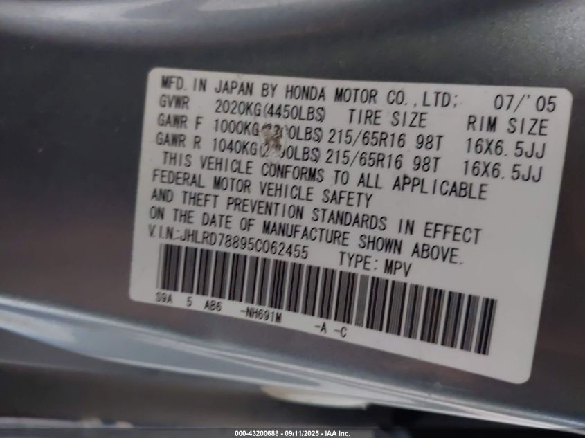 2005 Honda Cr-V Ex VIN: JHLRD78895C062455 Lot: 43200688