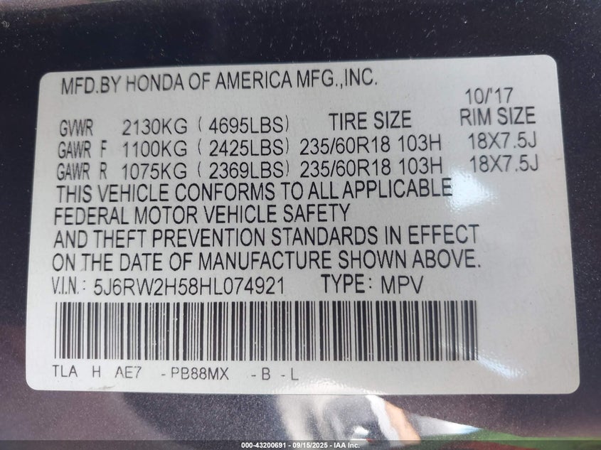 2017 Honda Cr-V Ex VIN: 5J6RW2H58HL074921 Lot: 43200691