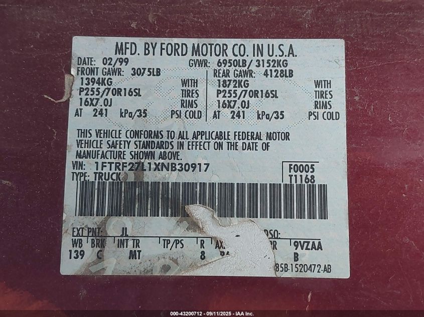 1999 Ford F-250 Lariat/Work Series/Xl/Xlt VIN: 1FTRF27L1XNB30917 Lot: 43200712