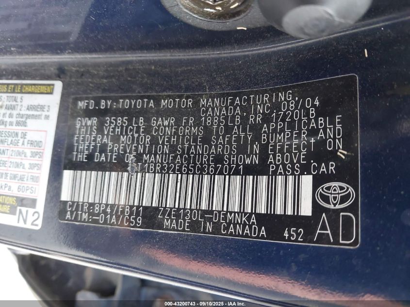 2005 Toyota Corolla Le VIN: 2T1BR32E65C367071 Lot: 43200743