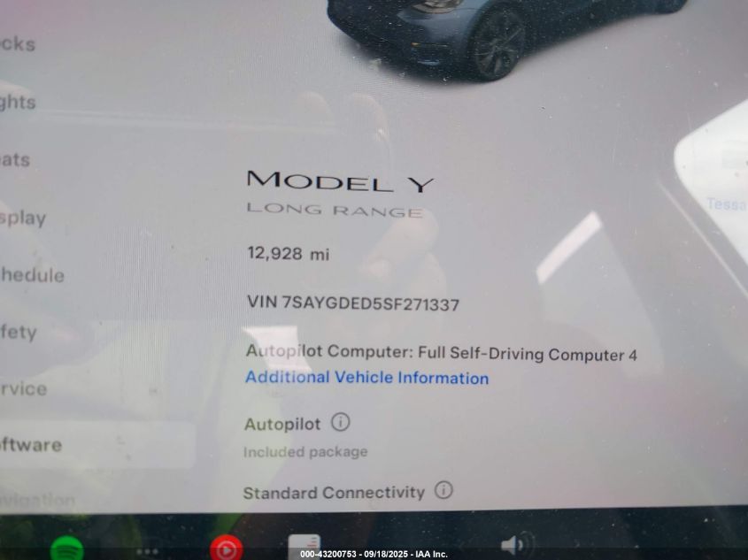 2025 Tesla Model Y Long Range Dual Motor All-Wheel Drive VIN: 7SAYGDED5SF271337 Lot: 43200753