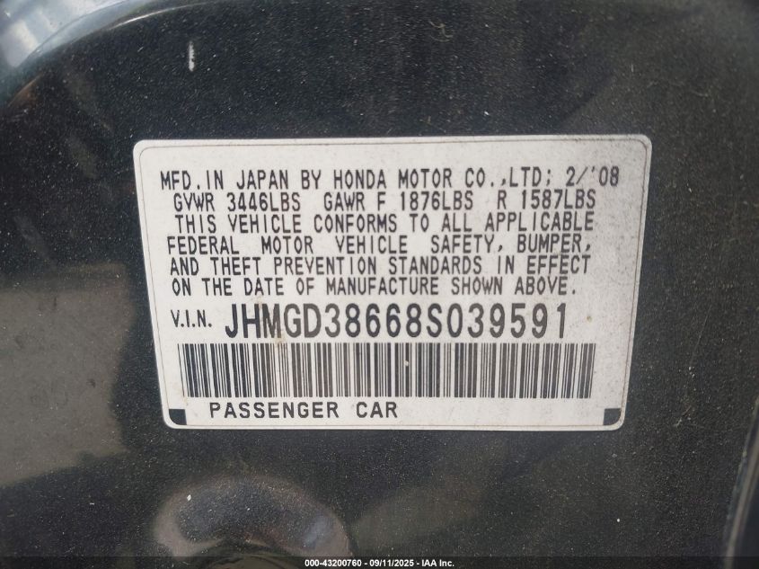 2008 Honda Fit Sport VIN: JHMGD38668S039591 Lot: 43200760