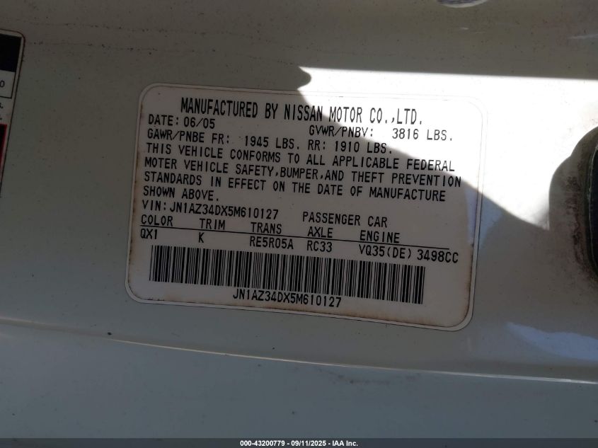 2005 Nissan 350Z Touring VIN: JN1AZ34DX5M610127 Lot: 43200779