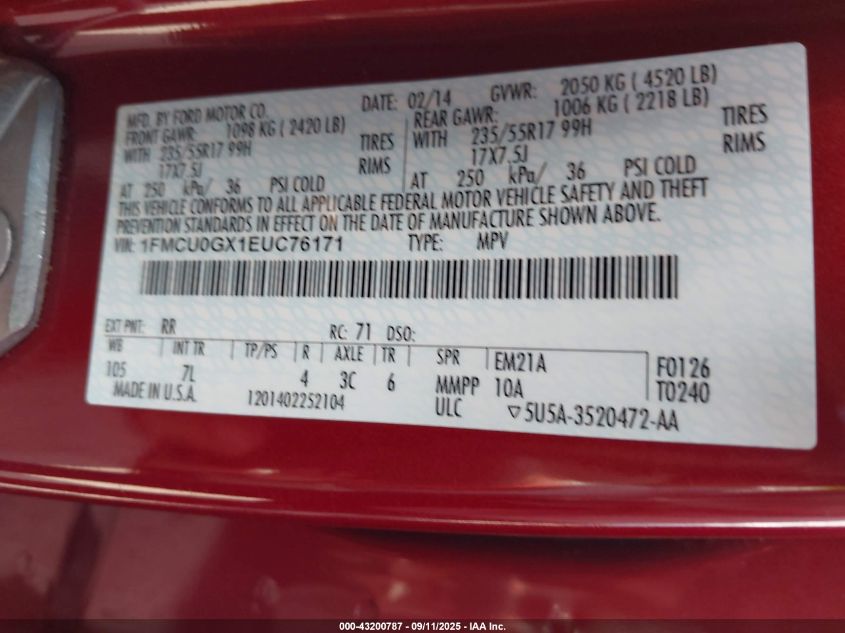 2014 Ford Escape Se VIN: 1FMCU0GX1EUC76171 Lot: 43200787