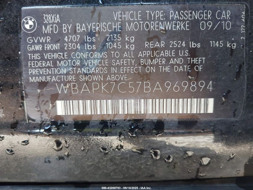 2011 BMW 328I xDrive VIN: WBAPK7C57BA969894 Lot: 43200793