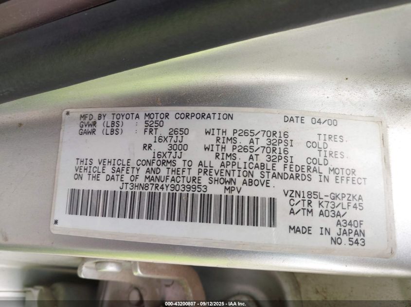 2000 Toyota 4Runner Limited V6 VIN: JT3HN87R4Y9039953 Lot: 43200807