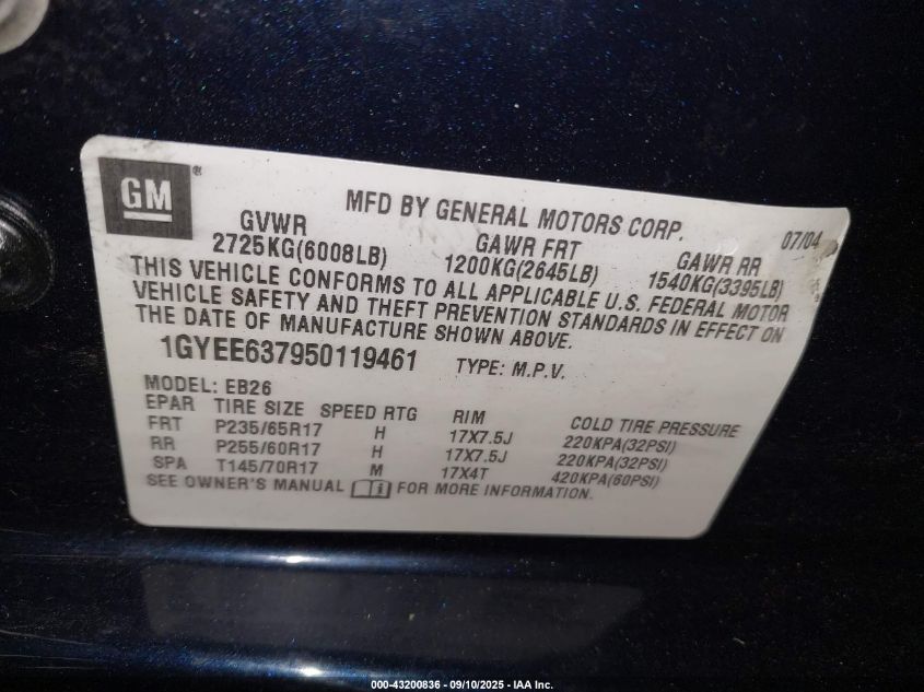 2005 Cadillac Srx V6 VIN: 1GYEE637950119461 Lot: 43200836