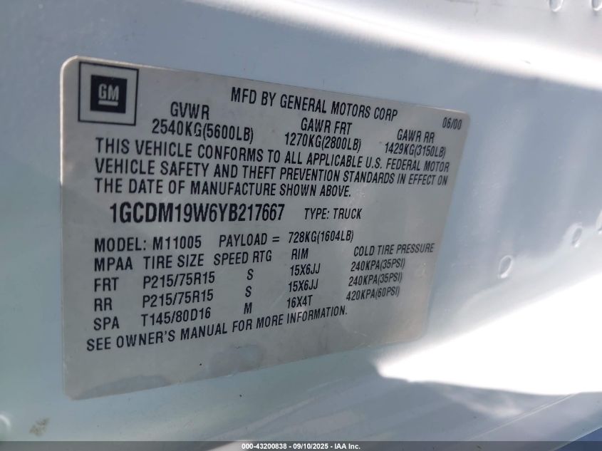 2000 Chevrolet Astro VIN: 1GCDM19W6YB217667 Lot: 43200838