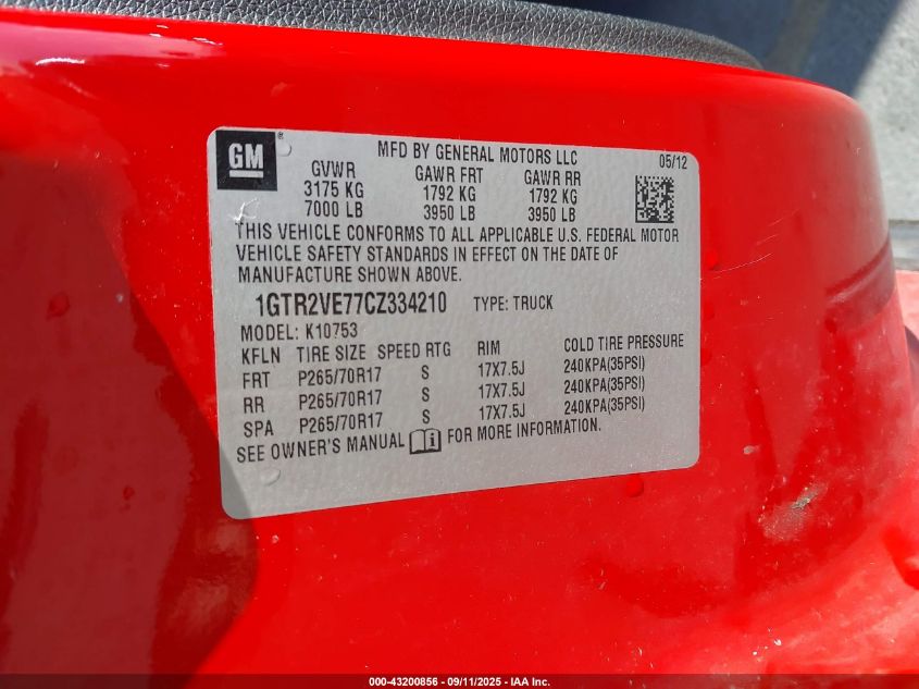 2012 GMC Sierra 1500 Sle VIN: 1GTR2VE77CZ334210 Lot: 43200856
