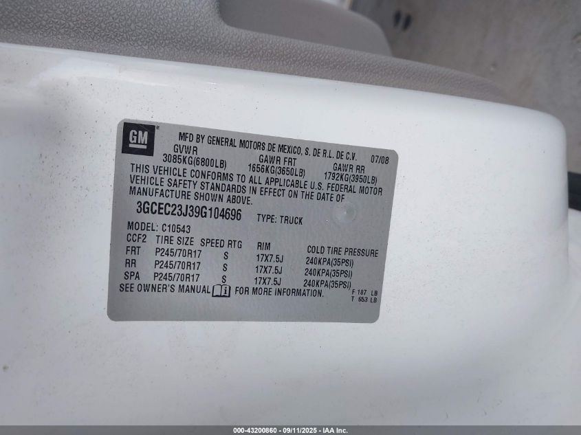 2009 Chevrolet Silverado 1500 Lt VIN: 3GCEC23J39G104696 Lot: 43200860