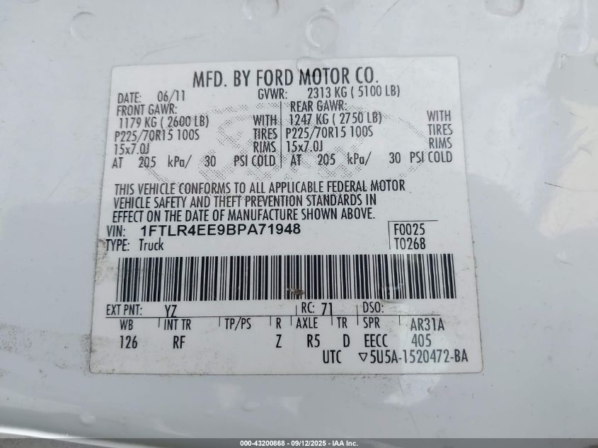 2011 Ford Ranger Xlt VIN: 1FTLR4EE9BPA71948 Lot: 43200868