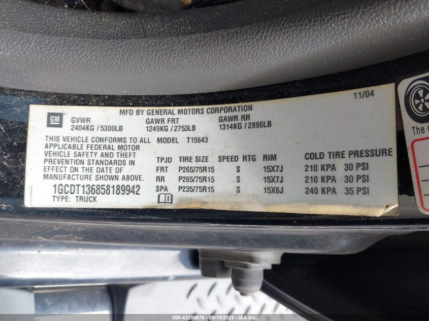 2005 Chevrolet Colorado Ls VIN: 1GCDT136858189942 Lot: 43200876