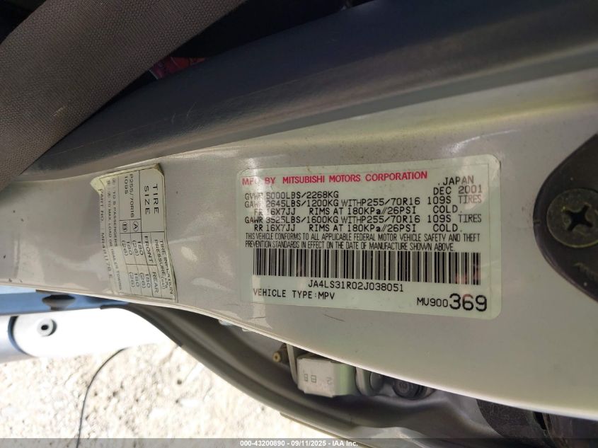 2002 Mitsubishi Montero Sport Xls VIN: JA4LS31R02J038051 Lot: 43200890