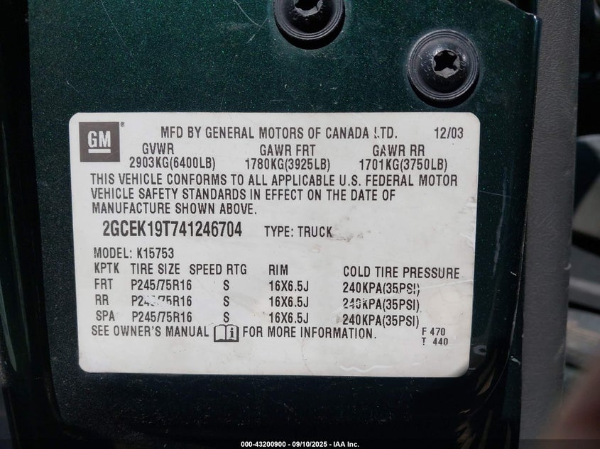 2004 Chevrolet Silverado 1500 Ls VIN: 2GCEK19T741246704 Lot: 43200900