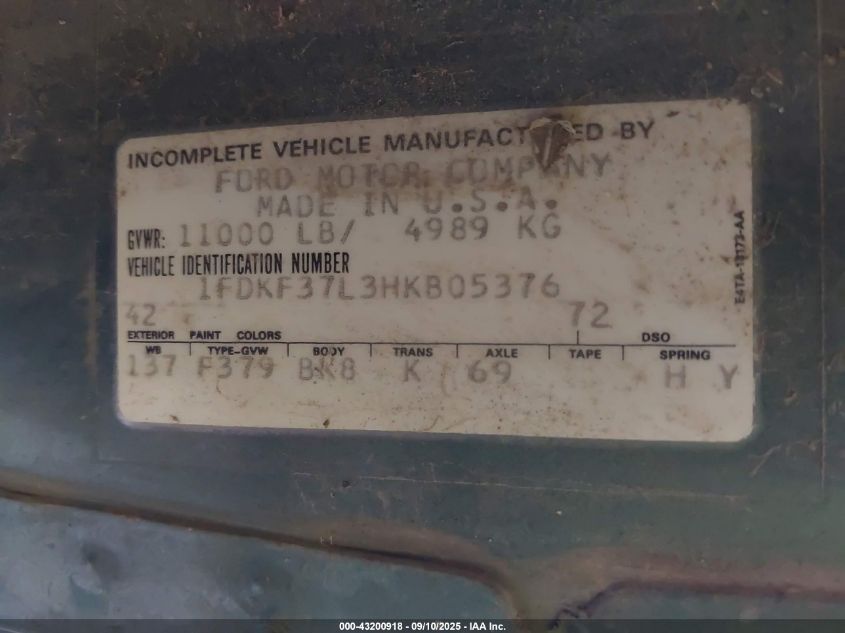 1987 Ford F350 VIN: 1FDKF37L3HKB05376 Lot: 43200918