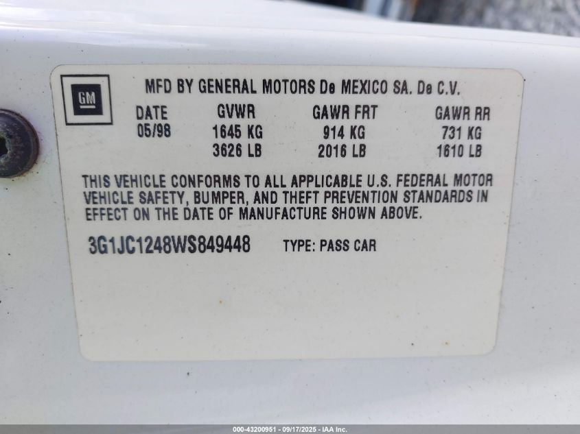 1998 Chevrolet Cavalier Rs VIN: 3G1JC1248WS849448 Lot: 43200951