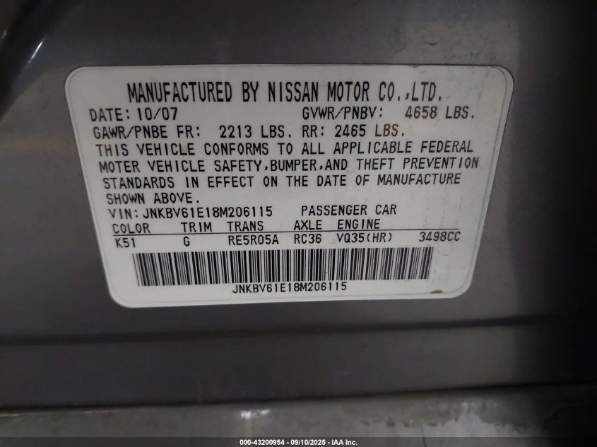 2008 Infiniti G35 Journey VIN: JNKBV61E18M206115 Lot: 43200954