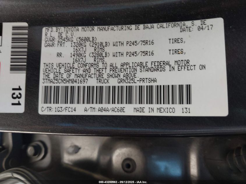 2017 Toyota Tacoma Sr5 V6 VIN: 3TMAZ5CN5HM041697 Lot: 43200963