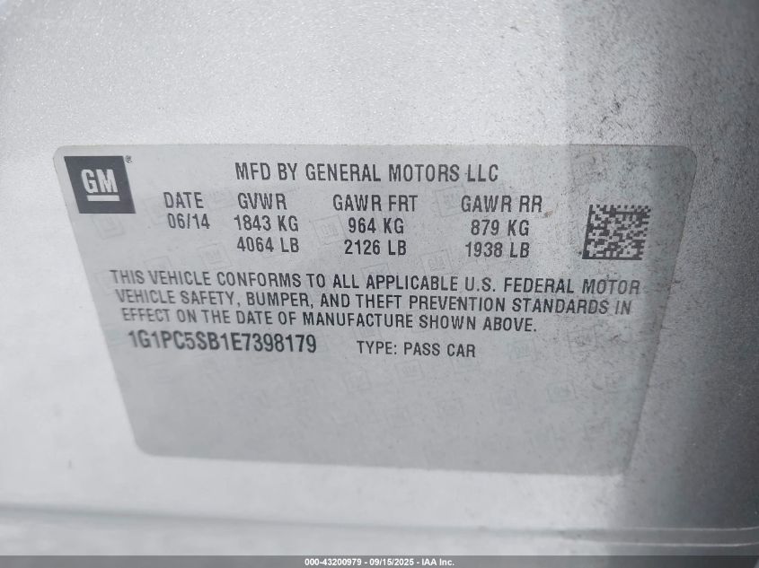 2014 Chevrolet Cruze 1Lt Auto VIN: 1G1PC5SB1E7398179 Lot: 43200979