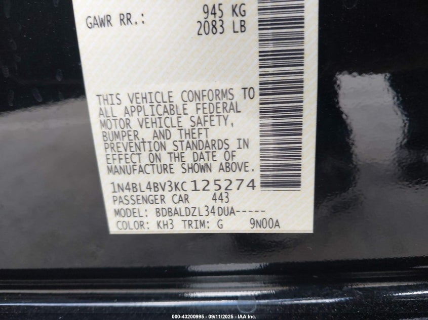 2019 NISSAN ALTIMA S - 1N4BL4BV3KC125274