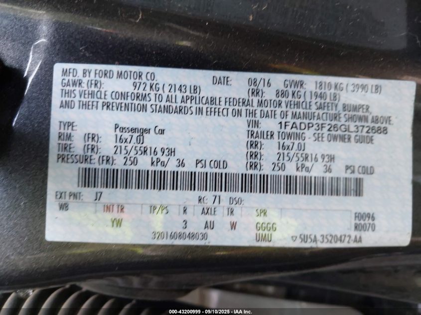 2016 Ford Focus Se VIN: 1FADP3F26GL372688 Lot: 43200999