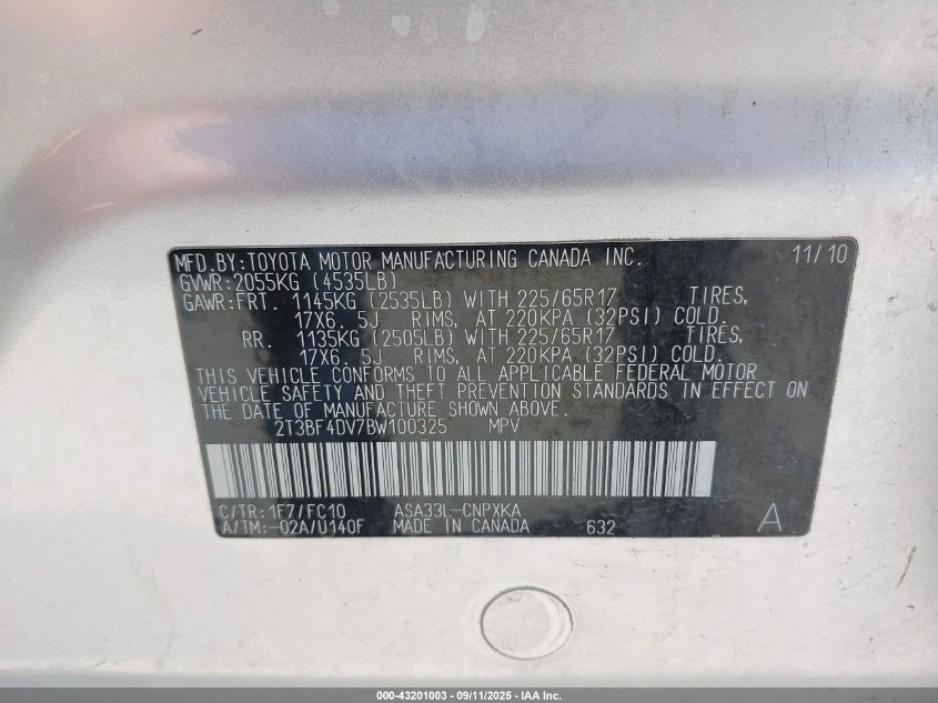 2011 Toyota Rav4 VIN: 2T3BF4DV7BW100325 Lot: 43201003