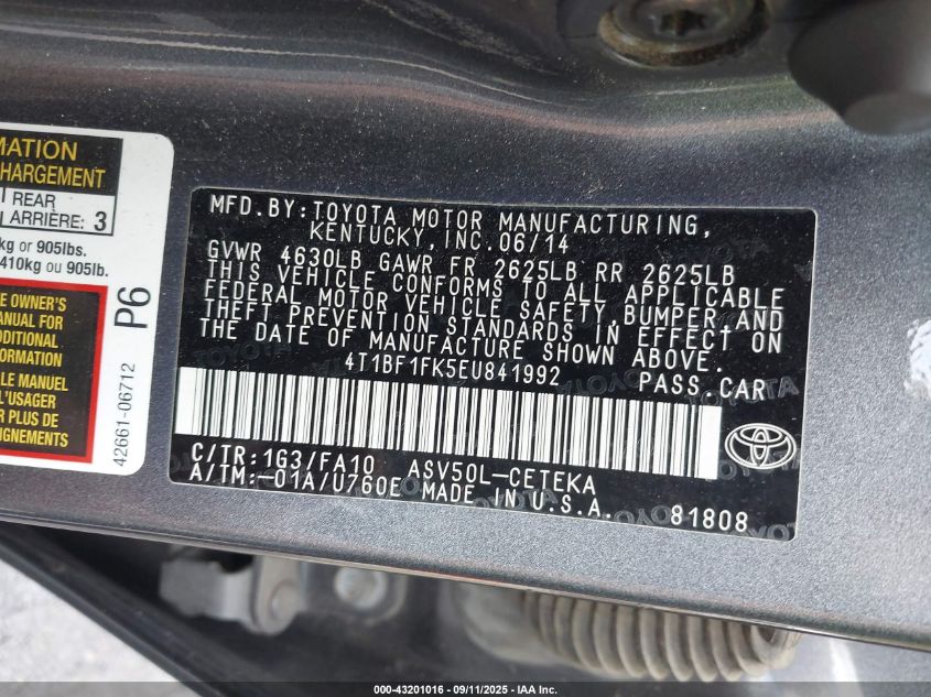 2014 Toyota Camry L VIN: 4T1BF1FK5EU841992 Lot: 43201016