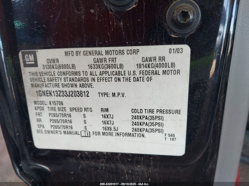 2003 Chevrolet Tahoe Lt VIN: 1GNEK13Z33J203812 Lot: 43201017