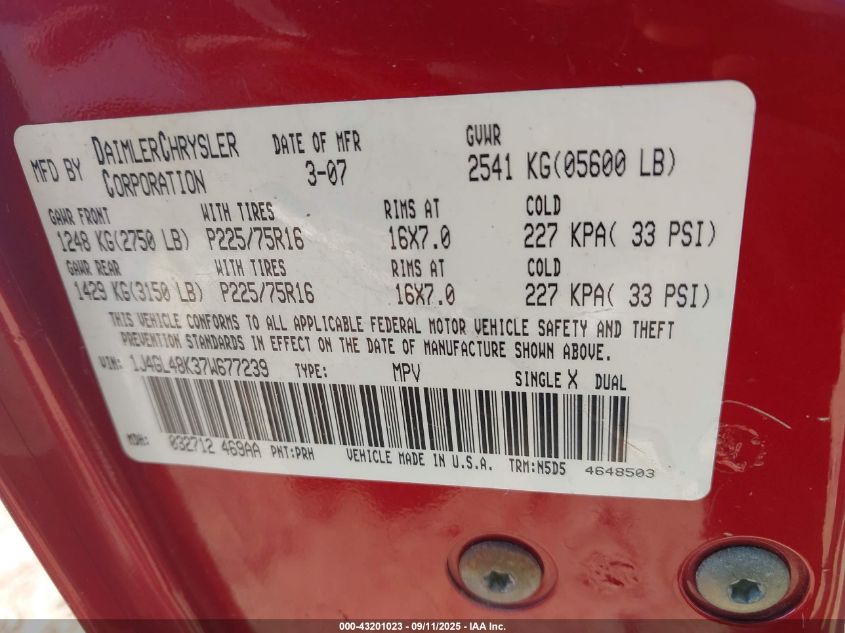 2007 Jeep Liberty Sport VIN: 1J4GL48K37W677239 Lot: 43201023