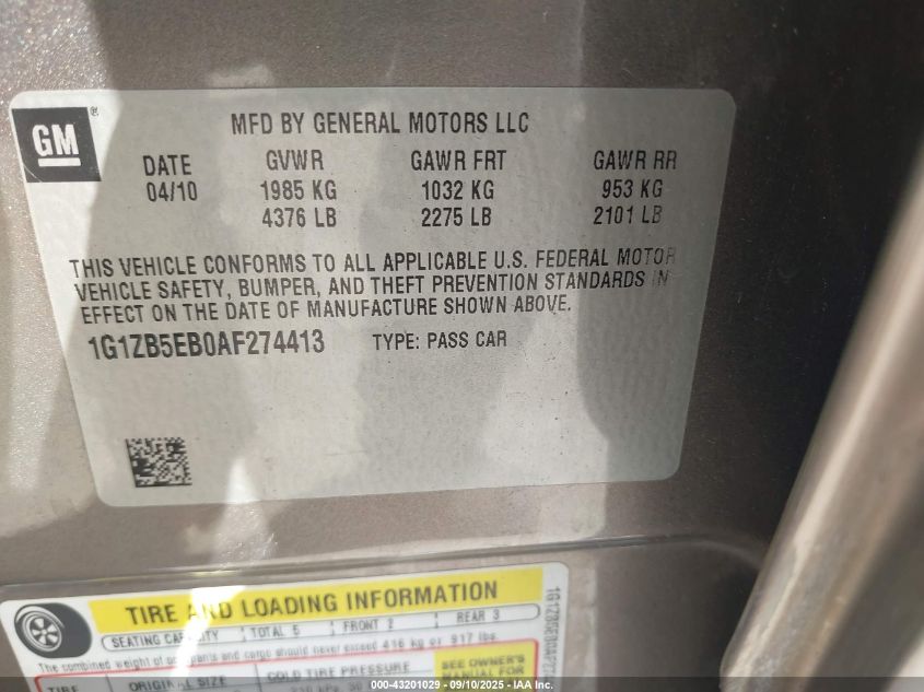 2010 Chevrolet Malibu Ls VIN: 1G1ZB5EB0AF274413 Lot: 43201029