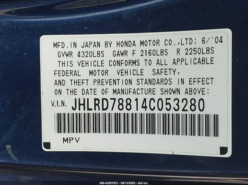 2004 Honda Cr-V Ex VIN: JHLRD78814C053280 Lot: 43201031