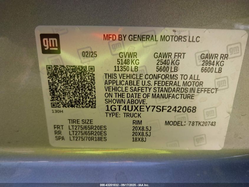 2025 GMC Sierra 2500Hd 4Wd Standard Bed Denali Ultimate VIN: 1GT4UXEY7SF242068 Lot: 43201032