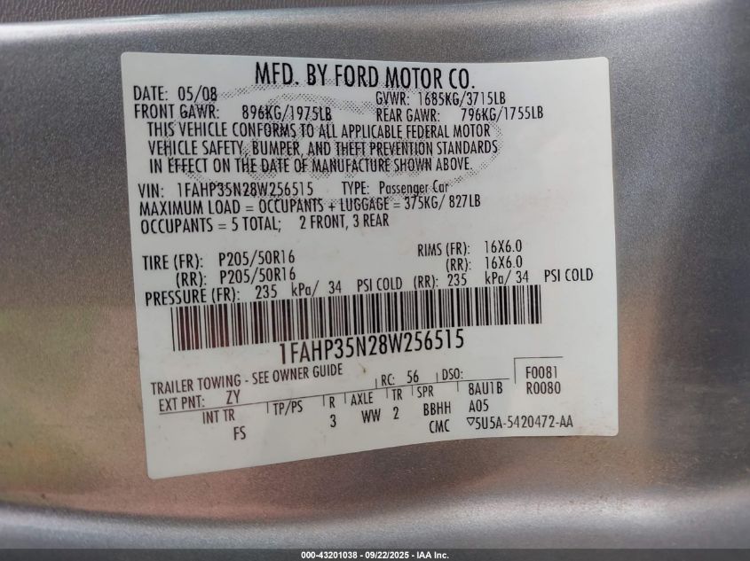 2008 Ford Focus Se/Ses VIN: 1FAHP35N28W256515 Lot: 43201038