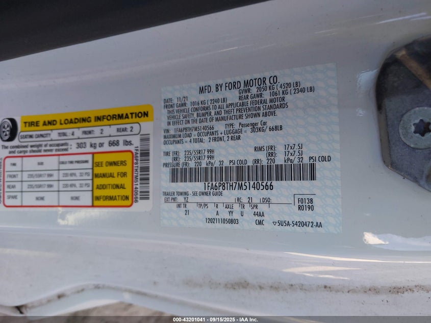 2021 FORD MUSTANG ECOBOOST FASTBACK - 1FA6P8TH7M5140566