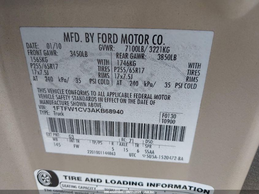 2010 Ford F150 Fx2 Sport/Harley-Davidson/King Ranch/Lariat/Platinum/Xl/Xlt VIN: 1FTFW1CV3AKB689 Lot: 43201046