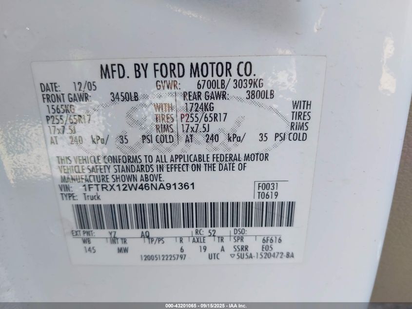 2006 Ford F-150 Stx/Xl/Xlt VIN: 1FTRX12W46NA91361 Lot: 43201065