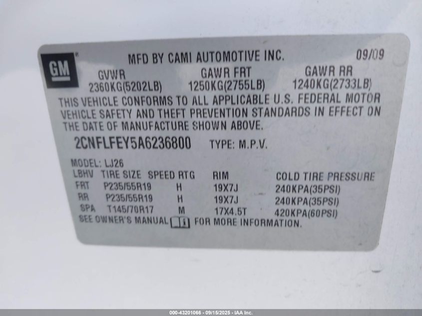 2010 Chevrolet Equinox Ltz VIN: 2CNFLFEY5A6236800 Lot: 43201066