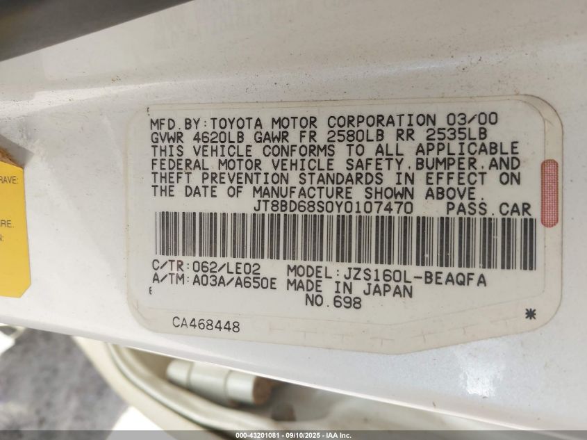 2000 Lexus Gs 300 VIN: JT8BD68S0Y0107470 Lot: 43201081