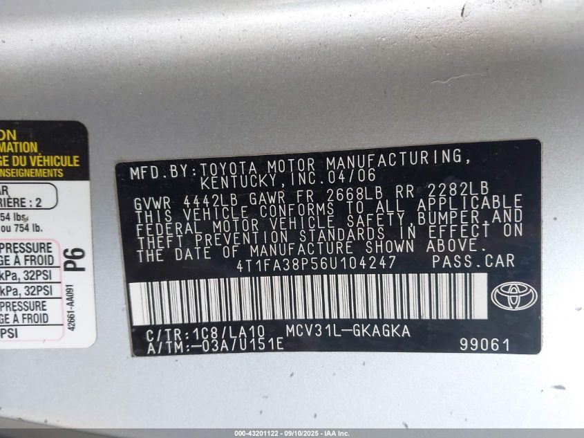 2006 Toyota Camry Solara Sle VIN: 4T1FA38P56U104247 Lot: 43201122