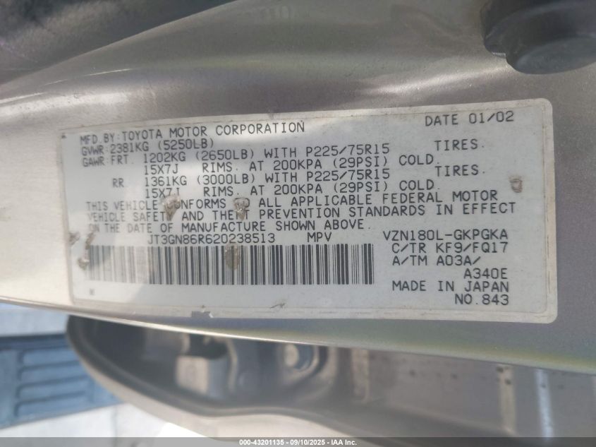 2002 Toyota 4Runner Sr5 V6 VIN: JT3GN86R620238513 Lot: 43201135