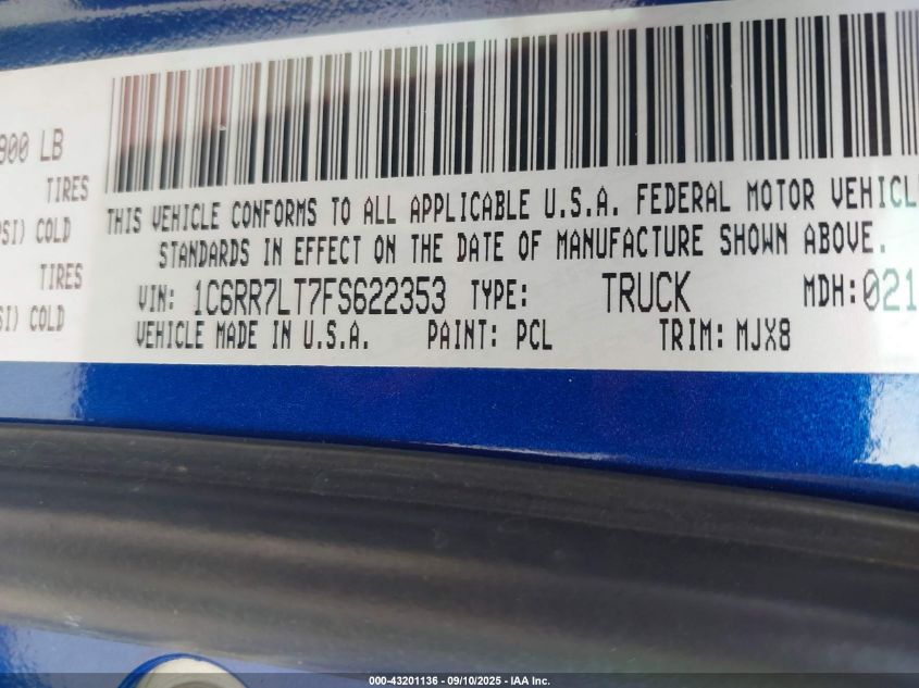 2015 Ram 1500 Big Horn VIN: 1C6RR7LT7FS622353 Lot: 43201136